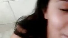 College girl with hot body swallows cum in bathroom
