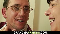 POV threesome with old mature plumper