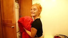 Sexy freckled redhead gives blowjob